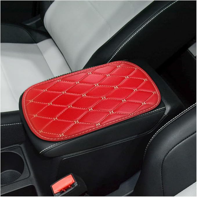 Auto Center Console Pad, PU Leather Car Center Console Box Cushion, Non Slip Soft Armrest Seat Box Cover, Waterproof Vehicle Armrest Protector for SUV, Truck, Car (Rhombic Lattice Red/Beige)