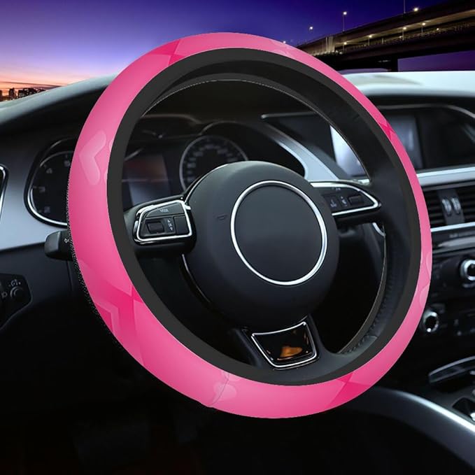 Pink Background Car Steering Wheel Cover Glitter Heart Steering Wheel Cover Car Decor Suitable for Most Vehicles Including Trucks and SUV