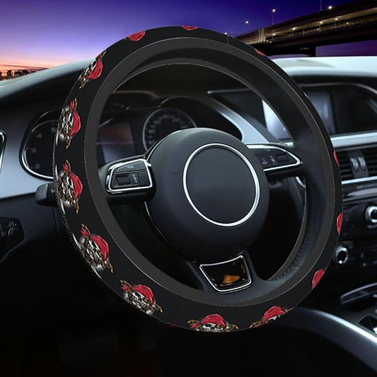 Skeleton Pirate Crew Steering Wheel Cover Wearing Red Hat and Holding Sword Steering Wheel Cover Women Men Anti-Slip Breathable Steering Wheel Protector Car Accessories