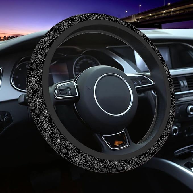 Swono Spiders Web Car Steering Wheel Covers Abstract Spiders Web On Black Universal Fit 15 Inch Anti-Slip Steering Wheel Protector Cover Stretch-On Fabric Automotive Car SUV Sedans