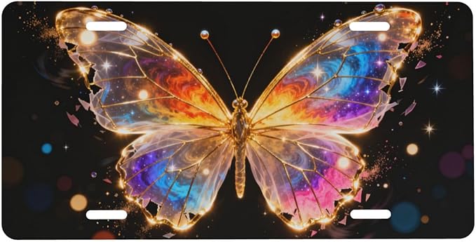 Butterfly Sparkling Starlight Front License Plate Car Decorative License Plates Aluminum Metal Decor Accessory Novelty Vanity Tag Cover with 4 Holes for Men Women 6" X 12"