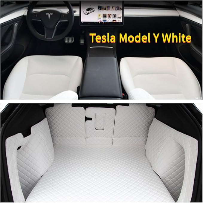White Cargo Mat for Tesla Model Y 5-Seat Full Coverage Trunk Liner 2020-2025 (Rear Cargo Cover+Back Seat Protector+High Sides Panel Protector+Door Sill Protector)