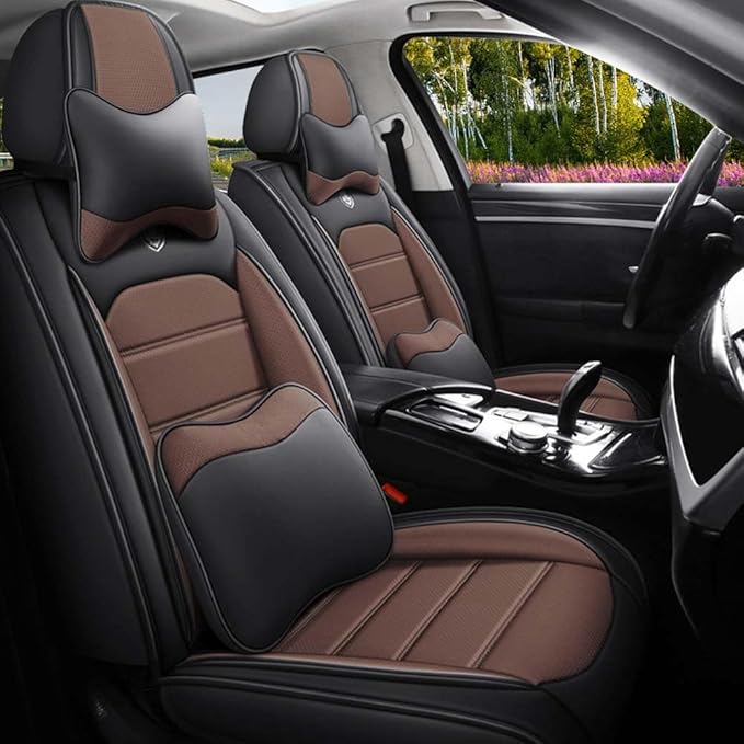 Leather Seat Covers,Waterproof Soft Seat Covers,Interior Accessories Seat Covers Cushion Vehicle Protector Airbag Compatible,Fits 95% of Vehicles(Black&Coffee,Full Set with Pillow)