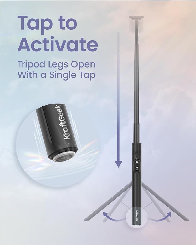 KraftGeek Magnetic Phone Tripod for iPhone MagSafe – 66'' Automatic Selfie Stick with Remote, Portable Tripod Stand for Video Recording, Travel, Vlogging (Black)