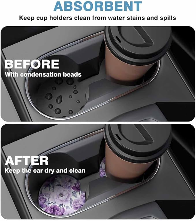 Purple Flower Car Coasters for Cup Holders Car Cup Holder Coasters 2 Pack for Car, Anti Slip Ceramic Car Cup Mat with Finger Notch Cute Car Interior Accessories for Women Men
