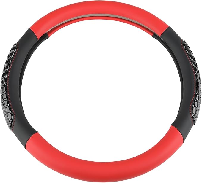 West Llama Nappa Leather Car Steering Wheel Cover Gel Massage,Cool in Summer,Universal 15 inch(Red+Black-Standard Size)