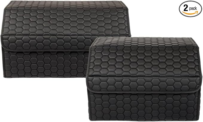 Owleys Car Storage Organizer Bundle - Two Foldable Crates For Groceries, Gear & Trips - Durable SUV And Truck Storage Set - Thoughtful Birthday Gifts For Drivers (Black 17+21)