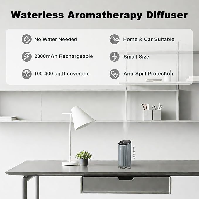 Waterless Essential Oil Diffuser for Home Car Office, Scent Diffuser with 4 Timer (1/3/6H & Off) & 3 Mist(L/M/H), Rechargeable Aromatherapy Diffuser, Portable Mini Air Aroma Diffuser, Silver Grey