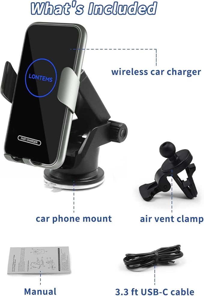 15W Car Mount Charger Qi Fast Wireless Charging Phone Mount, Windshield Dashboard Air Vent Auto Clamping Phone Holder for iPhone 11 12 13 14, 15, 16 Max Xs, Samsung S21 S22, S20, S10+ etc, Google Grey