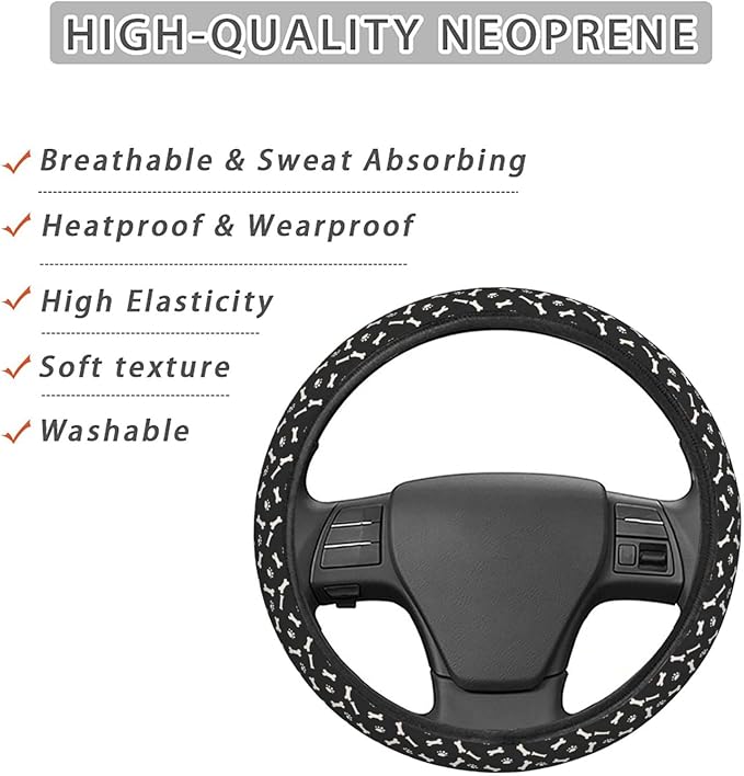 Dog Paw Bone Print Steering Wheel Covers Anti-Slip Elasticity Car Accessories Steering Wheel Protector Universal 15 Inch for Cars SUV Vehicle Truck