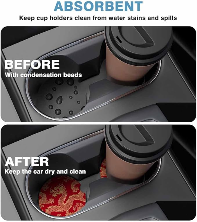 Dragon Car Cup Holder Coaster 2 Pack Absorbent Ceramic Car Coasters for Cup Holders Car Accessories Interior for Women Men Universal Anti Slip Cork Base Cup Coasters with Finger Notch