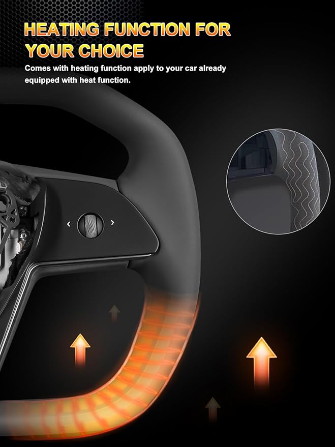 ZIMABLUE For Cybertruck-Style Heated Steering Wheel for Tesla Model 3 (2017–2023) & Model Y (2020–2024) | Black Microfiber Leather | Black Center Stripe | Factory-Matched 1:1 Fitment