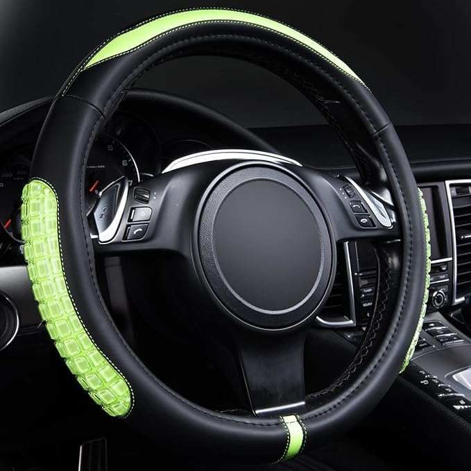 Flying Banner car Steering Wheel Cover Gel Massage Velvet Cool Warm Universal Size 15 inches SUV Truck Anti Slip Odorless Summer Winter (Black Mint Green, Gel Massage)
