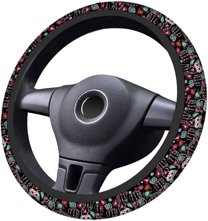 Swono Cat Cute Steering Wheel Cushion Case Day of The Dead Halloween Cats with Colorful Flowers Neoprene Car Steering Wheel Covers 15 Inch Anti Slip Compatible Auto Car Wrap Cover for Men Women