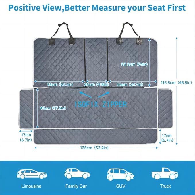 Grey Dog Car Seat Cover for Back Seat,Non-Stick Fur,Pet-Friendly and Waterproof - Universal Fit Interior Protector for Auto, Van, SUV - Ideal for Kids and Pets