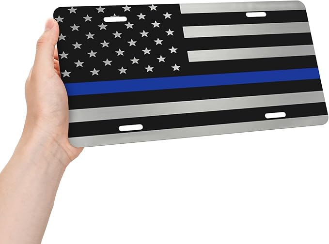 Silver Metallic Thin Blue Line American Flag Front License Plate Aluminum Decorative License Plates Funny Metal Car Plate 6"X12" Novelty Vanity Tag Cover with 4 Holes Car Decor Accessory