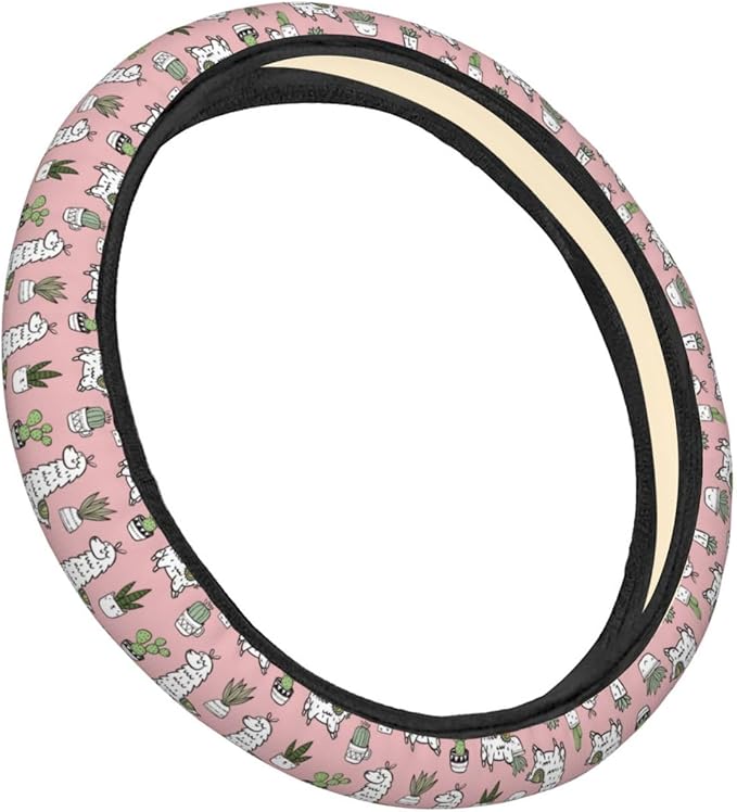 Dujiea Pink Alpaca Cactus Elastic Stretch Steering Wheel Cover, Anti-Slip and Durable Car Steering Wheel Accessories for Women Men, 15 Inch Universal Fit Car, Truck, SUV