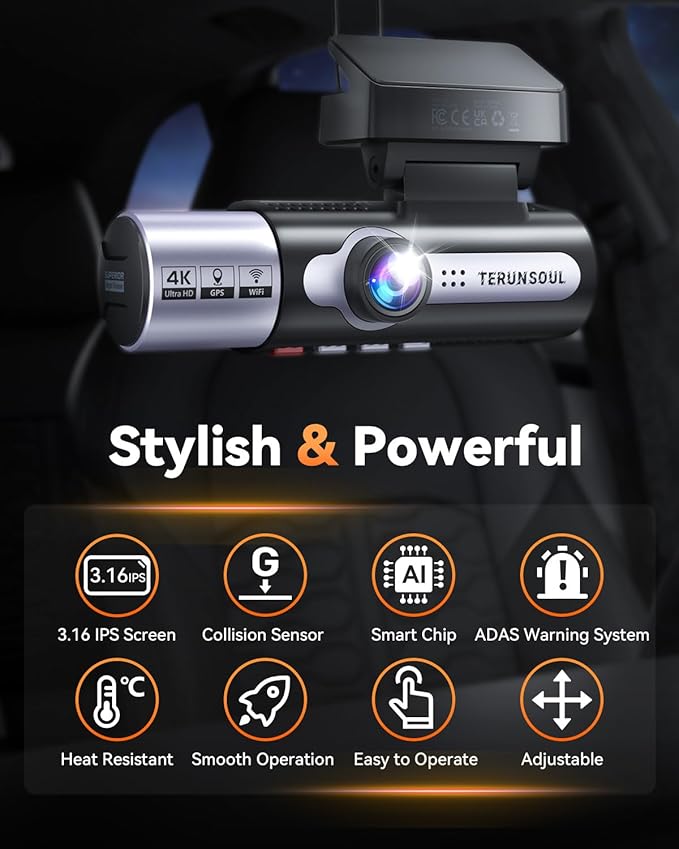 4K Dash Cam Front and Rear, Full HD 3 Channel Dashcam, Free 128GB Memory Card, Built-in 5.8GHz WiFi Built-in GPS, Collision Sensor, Night Vision, HDR, 3.16" IPS, 24H Parking Mode（Black）