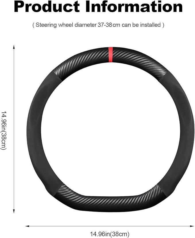 Ergocar D-Shaped Carbon Fiber & Microfiber PU Leather Steering Wheel Cover Anti-Slip Car Steering Wheel Protector Breathable Sweat Absorbent Sport for Diameter 38cm（15"）-Black Red