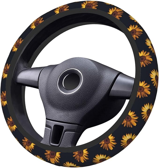 Yellow Sunflowers Steering Wheel Cover for Women, Anti-Slip High Elastic Breathable Soft Rubber Car Steering Wheel Protective Cover, Universal 15 Inch Fit for Cars, Auto, SUVs