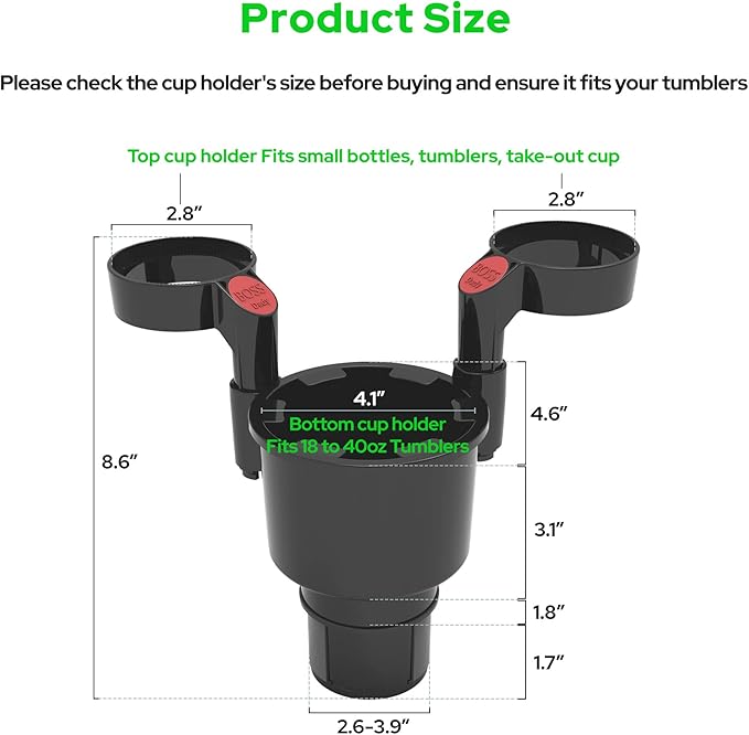 Triple Car Cup Holder Expander Adapter with Offset Adjustable Base and Large Bottles