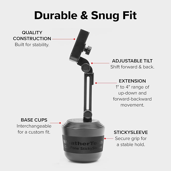 WeatherTech CupFone with Extension – Adjustable, Universal Cup Holder Cell Phone Mount Car & Truck Accessory – Best Design for iPhone & Smartphone Charging – Black Metal Knobs