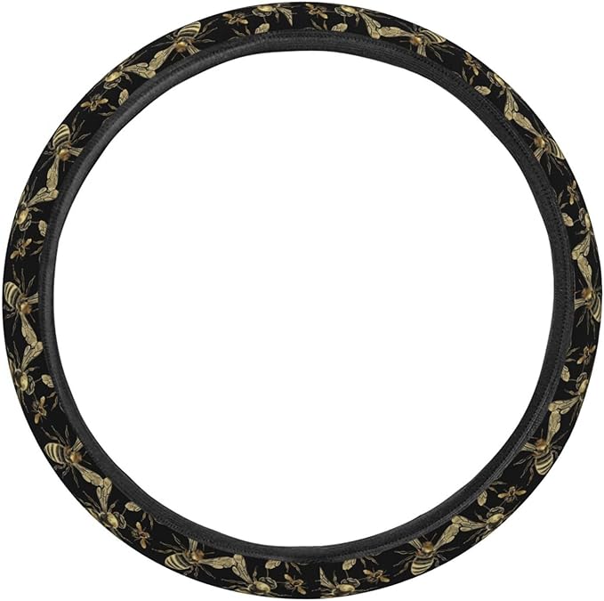 Golden Honey Bees Steering Wheel Covers Anti-Slip Elasticity Car Accessories Steering Wheel Protector Universal 15 Inch for Cars SUV Vehicle Truck