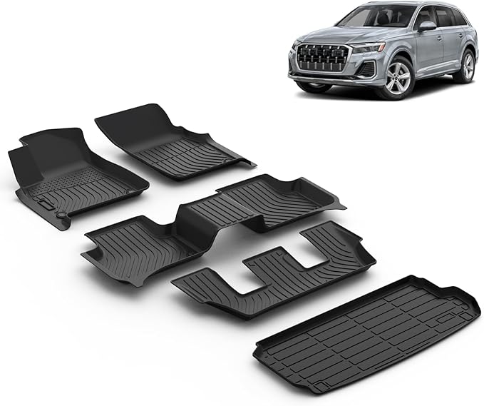 All Weather Car Floor Mats & Cargo Liner Set Fit for Audi Q7 / SQ7 7 Seats 2020 2021 2022 2023 2024 2025 Floor Liners Trunk Liner Q7 Cargo Mat Accessories Black