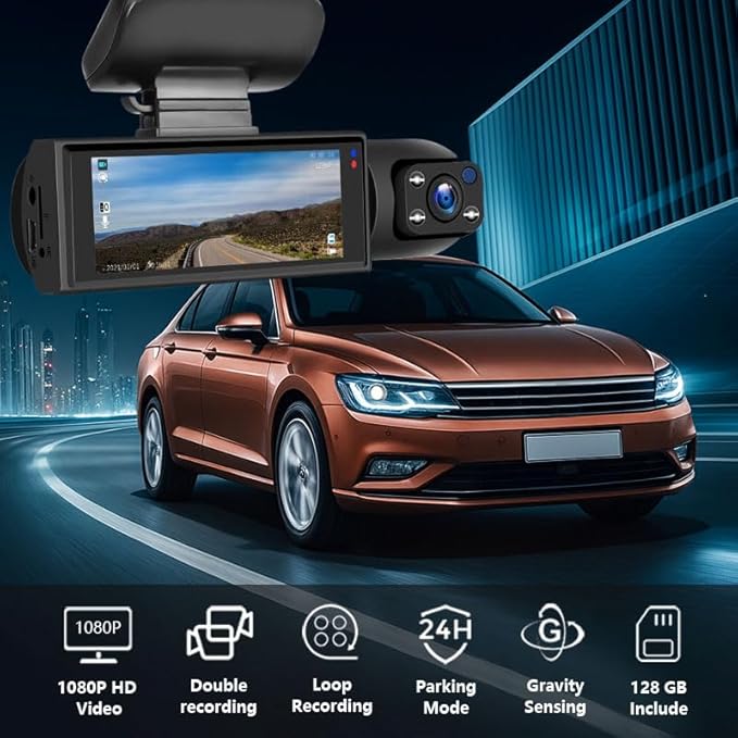 128GB Dash Cam Front and Rear for Cars with Night Vision, 1080P Dual Lens Dash Camera Inside and Outside, 24H Parking Monitor, Motion Detection, Loop Recording, Car Camera with Audio