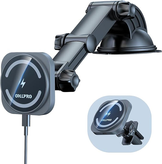 OHLPRO Dashboard Magnetic Phone Holder for iPhone MagSafe Car Mount Charger, Windshield Suction Wireless Car Charger, Car Vent Charging Stand for iPhone 17 16 15 14 13 Pro Max Mini