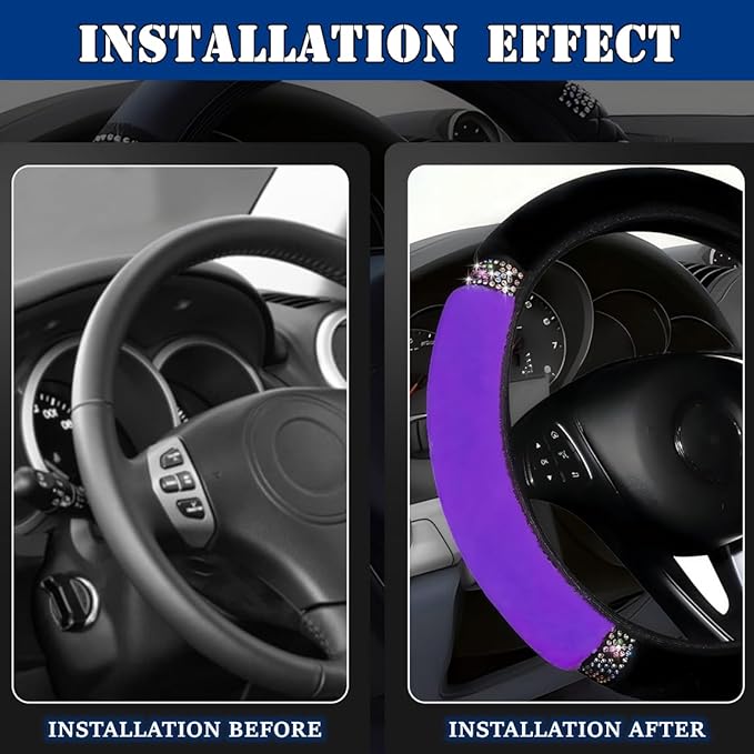 Fluffy Steering Wheel Cover, Universal 15 Inch Colorful Rhinestones Car Steering Wheel Cover, Sparkly Crystal Diamond Steering Wheel Protector for Women Girls,Purple