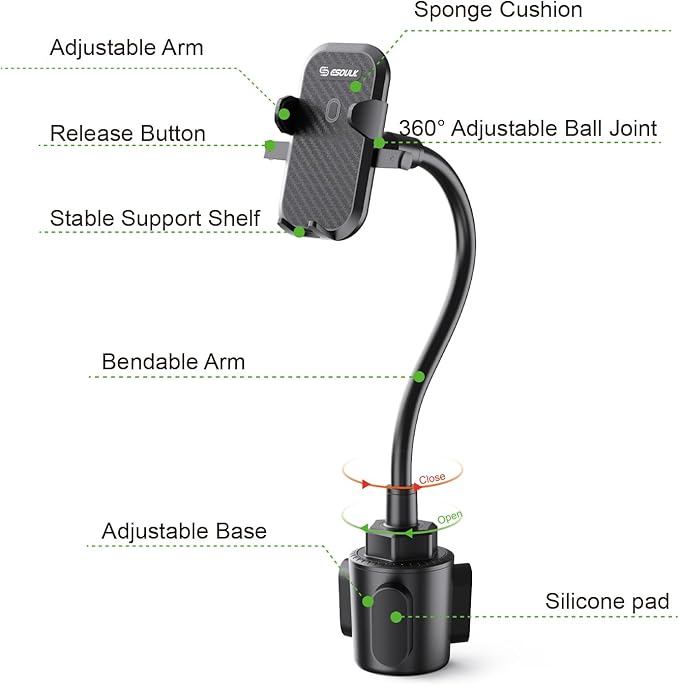 Esoulk [Upgraded Version Cup Phone Holder for Car, Universal Adjustable Long Neck Car Phone Mount Cradle Friendly Compatible with iPhone Samsung Google and All 4.0-7.0 inches Smartphones (Cup Holder)