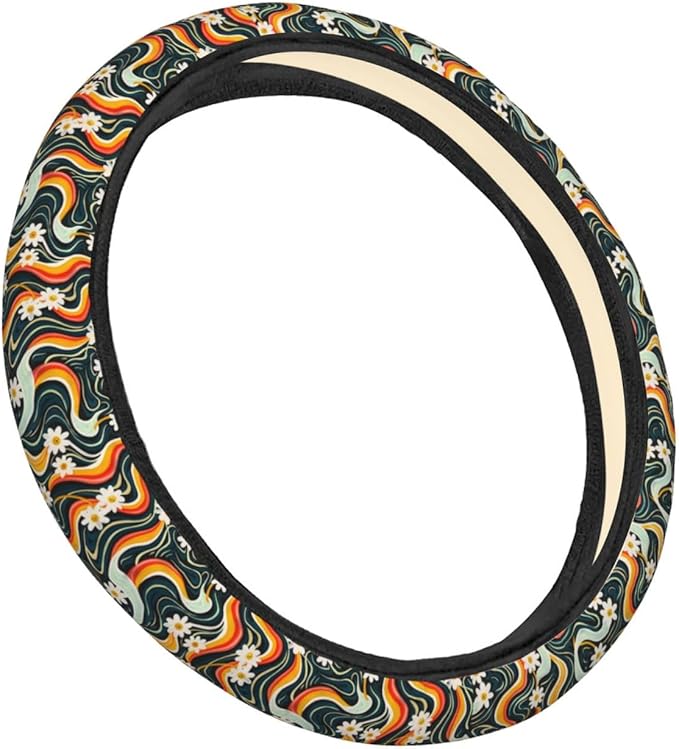 Groovey Waves Daisy Steering Wheel Covers Anti-Slip Elasticity Car Accessories Steering Wheel Protector Universal 15 Inch for Cars SUV Vehicle Truck
