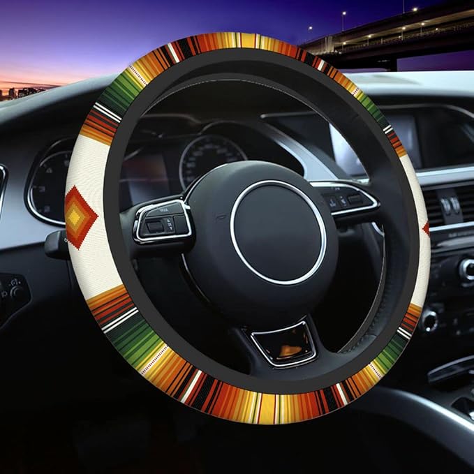 Swono Mexican Boho Steering Wheel Cover Colorful Stripes Geometric Universal 15 Inch Auto Car Steering Wheel Covers SUV Anti Slip Wheel Wrap Protector for Men Women
