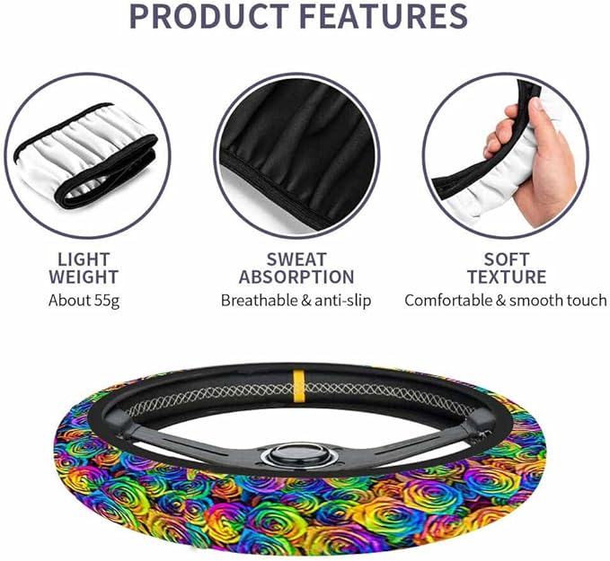 Rainbow Roses Steering Wheel Cover Fresh Beautiful and Bright Steering Wheel Cover for Women Men Anti-Slip Breathable Steering Wheel Protector Car Accessories