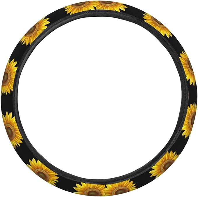 Golden Sunflower Black Steering Wheel Covers Anti-Slip Elasticity Car Accessories Steering Wheel Protector Universal 15 Inch for Cars SUV Vehicle Truck