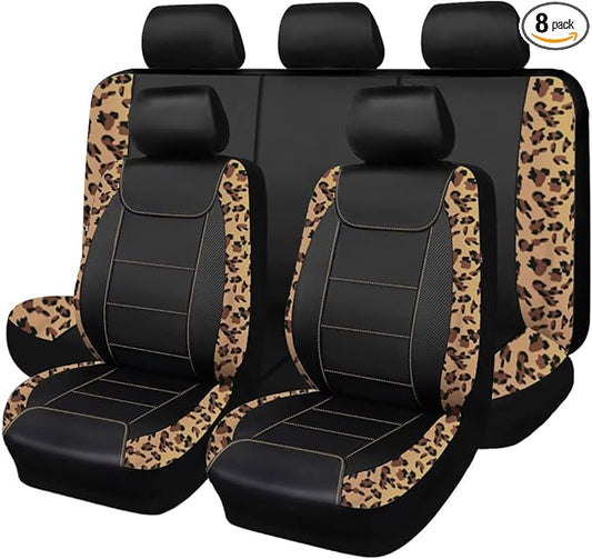 Flying Banner car seat Covers Protects Leopard Printing Velvet Faux Leather Carbon Fiber Front and Rear Bench (Leopard Brown Black, Full Set - 8PCS)