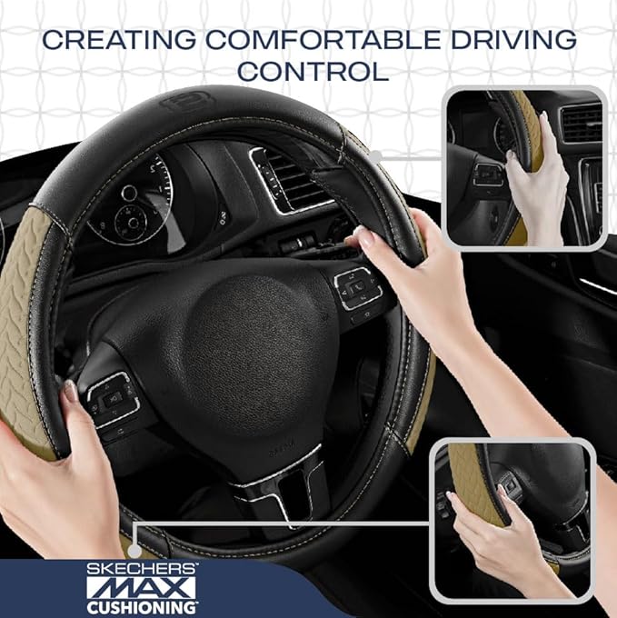 Skechers Steering Wheel Cover,Max Cushioning Leather Steering Wheel Cover Universal Fit 14" 1/2-15" Car Wheel Protector for Men Women Fit Suvs,Vans,Sedans,Car,Trucks,Beige