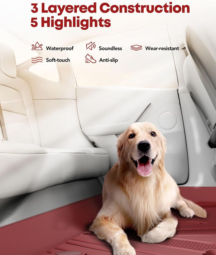 YHTAUTO Custom Fit Red Floor Mats for Tesla Model 3 2020 2019 2018 2017, All Weather TPE Car Carpet, Front Rear Trunk Storage Cargo Liner, Lower Storage Mat, Anti-Slip Waterproof Orderless, Set of 6