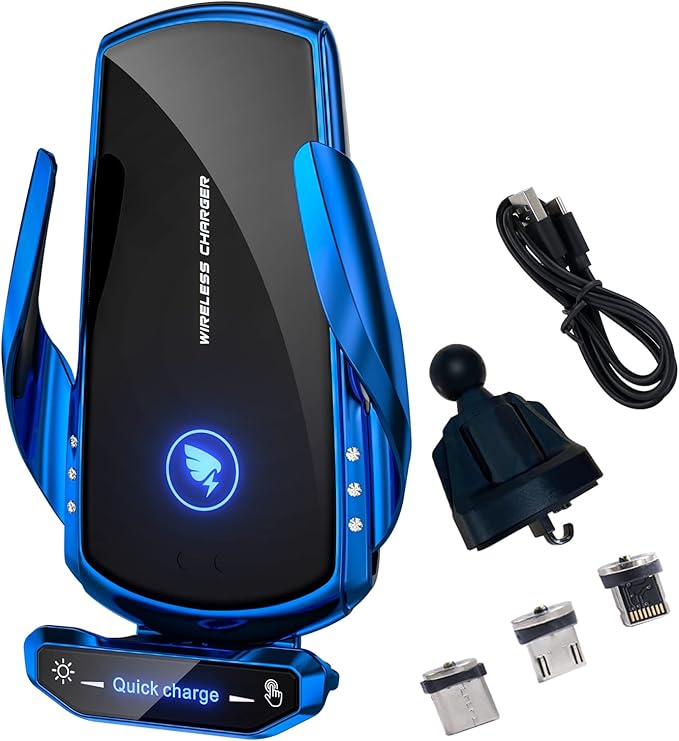 Wireless Car Charger Mount Automotive Electric Induction 15W Fast Charging Auto Clamping Car Phone Holder Mount Wireless Charging Mount Air Vent Phone Holde Compatible with All Android (Blue)