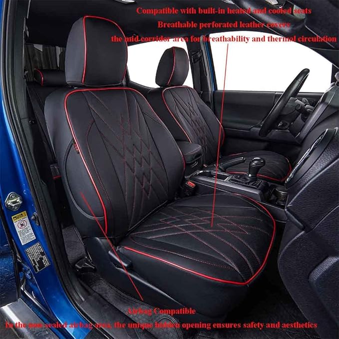 EKR Custom Fit Tacoma Front Car Seat Covers for Select Toyota Tacoma 2016 2017 2018 2019 2020 2021 2022 2023 Double Cab/Access Cab - Front Row Only, Leather (Black with Red Trim)