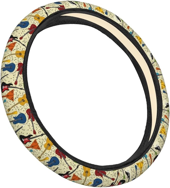 Dujiea Guitar Music Note Elastic Stretch Steering Wheel Cover, Anti-Slip and Durable Car Steering Wheel Accessories for Women Men, 15 Inch Universal Fit Car, Truck, SUV