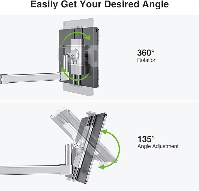 elitehood 28-inch Long Arm iPad Mount for Desk, Adjustable Tablet Desk Mount with Clamp, Sliver Aluminum Tablet Holder Compatible with iPad Pro 13/12.9/11, Air Mini, 4.7-13 inch Tablets & Cell Phones