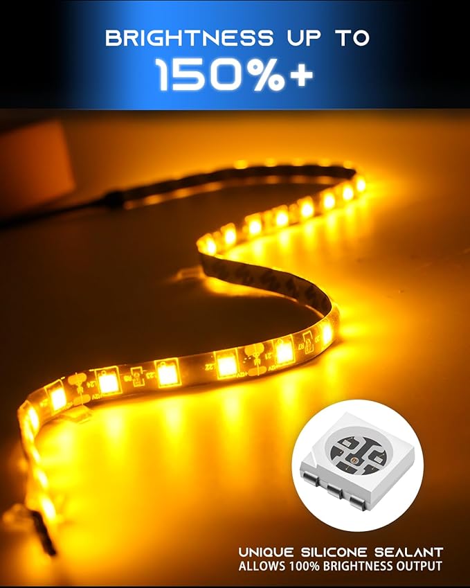 12V Led Light Strip 18" Connectable Amber LEDs Strip Lights for Car Motorcycle Golf Cart Automotive Trucks Boat Marine Waterproof Amber Led Strip, 4Pack