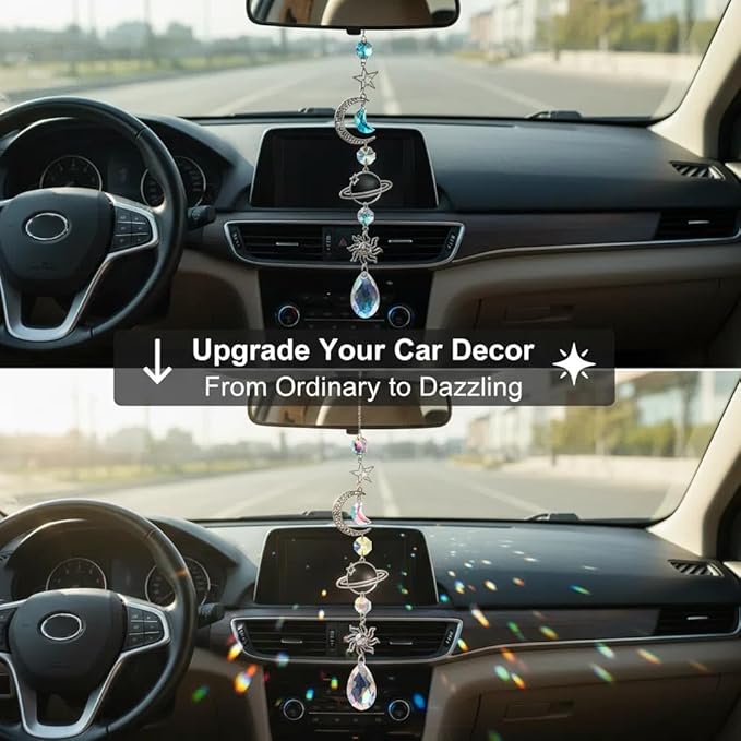 Colorful Crystal car Mirror Hanging Accessories，Car Charm，Rear View Mirror Hanging Decors， Gifts for Women (Moon-A)