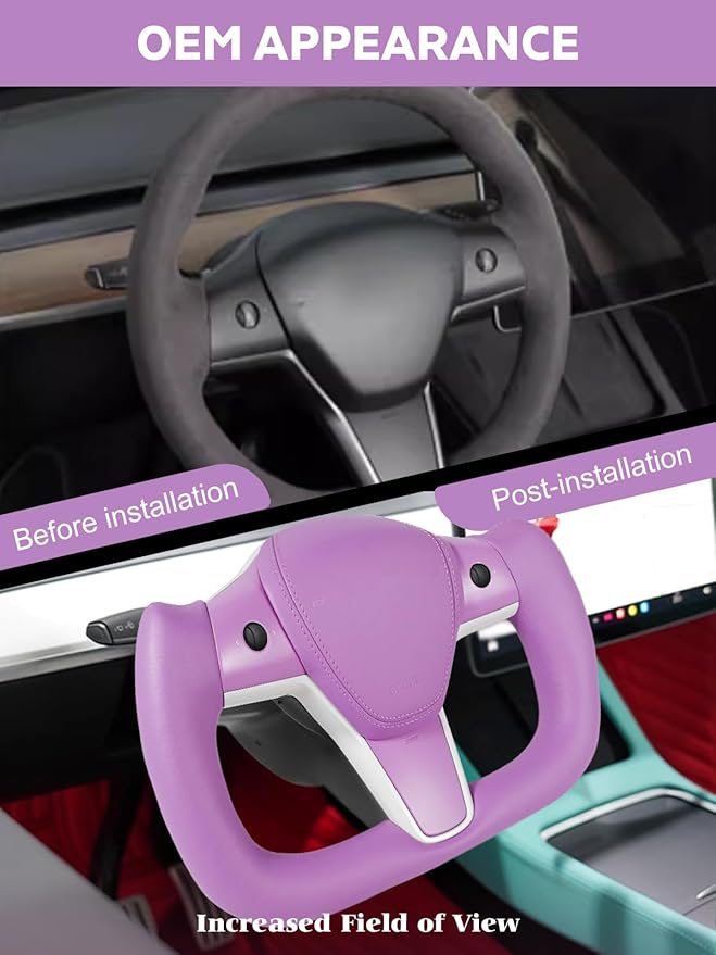 ZIMABLUE Yoke Steering Wheel Upgrade Personalized Yoke Steering Wheel Nappa Leather with Heating Function Compatible with Tesla Model 3 Y 2018-2023 (Purple Nappa)