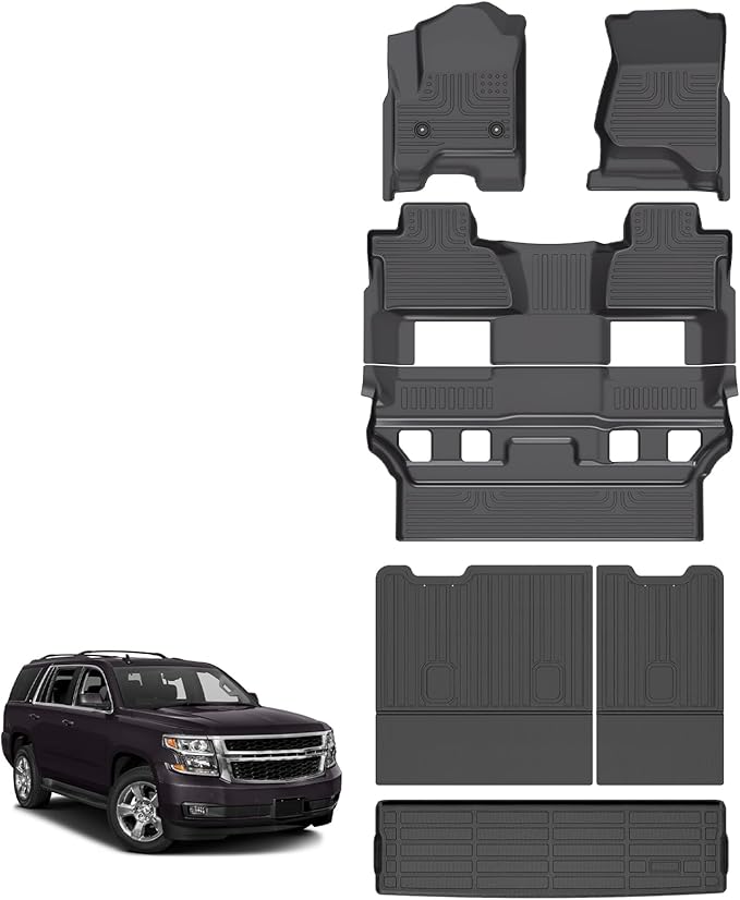 for Chevrolet Chevy Tahoe & GMC Yukon Floor Mats 2015 2016 2017 2018 2019 2020(Only for 7 Seats&Bucket Seat, Not for XL), TPE Automotive All Weather Car Floor Mats Cargo Liner Backrest Accessories