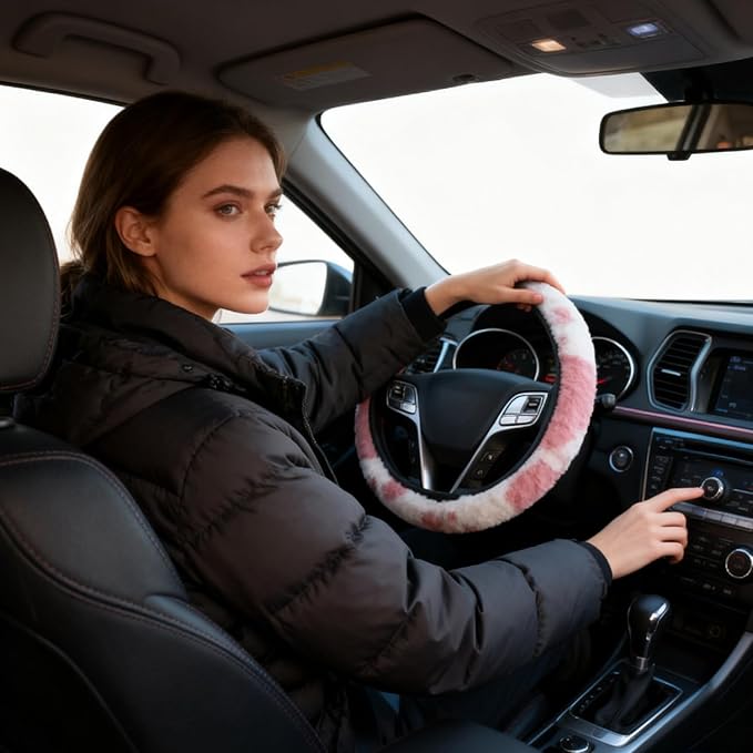 Pink Cow Fuzzy Steering Wheel Cover for Women, Universal Auto Steering Wheel 14-15 Inch Soft Warm Car Interior Accessories with 2PCS Car Coasters, Suitable for Men and Women