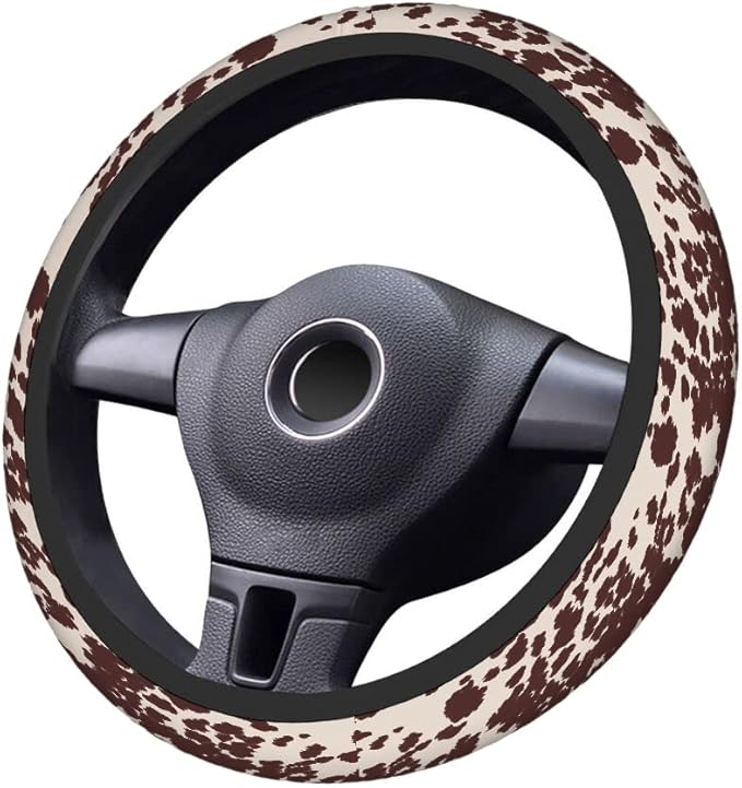 Swono Cow Skin Steering Wheel Cover for Men Women Animal Fur Horse Or Cattle Brown Spots Universal 15 Inch Auto Neoprene Case Anti-Slip Car Wheel Protector