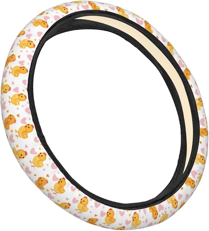 Yellow Cute Baby Chickens Hearts Steering Wheel Covers Anti-Slip Elasticity Car Accessories Steering Wheel Protector Universal 15 Inch for Cars SUV Vehicle Truck